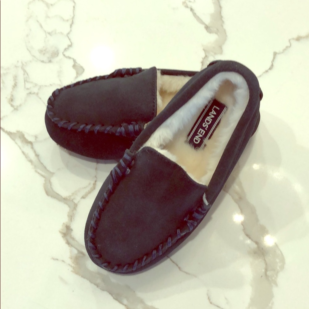 Lands End Kids Suede Moccasin Slipper - Navy